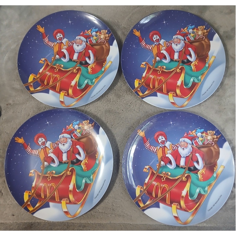Lot of 4 Vintage 1997 McDonalds Christmas Plates Ronald Santa Sleigh Melamine